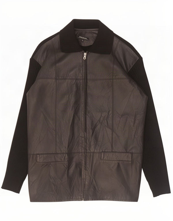 Jaqueta de couro masculina vintage UK 42 XL preta colorblock