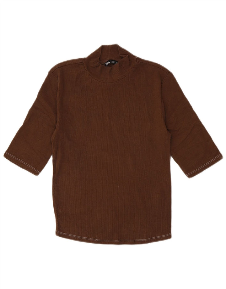 Zara Top curto feminino manga 3/4 Reino Unido 12 algodão marrom médio