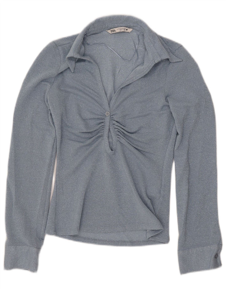 Blusa feminina de manga comprida ZARA UK 6 XS azul viscose