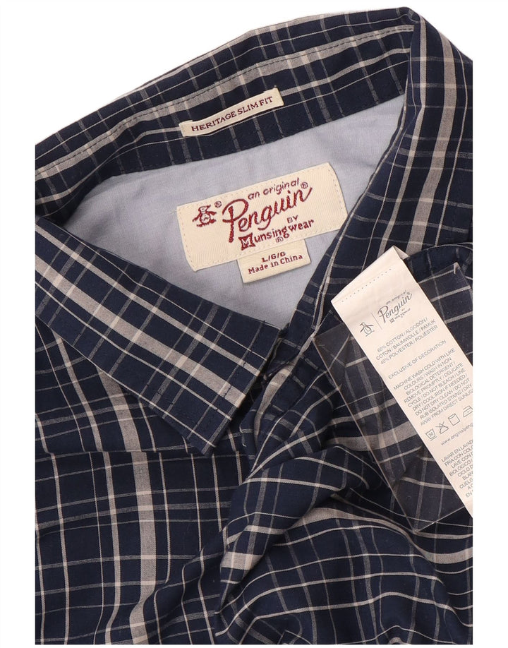 Camisa masculina Penguin Heritage Slim Fit de manga curta grande xadrez azul marinho