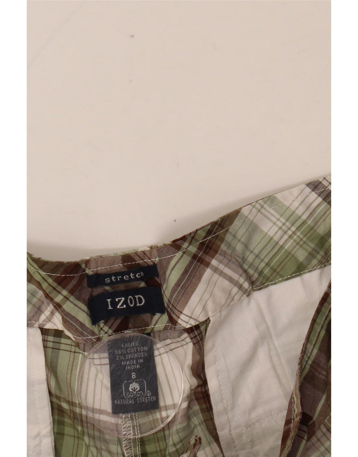 Shorts Chino feminino IZOD EUA 8 médio W32 algodão xadrez cáqui