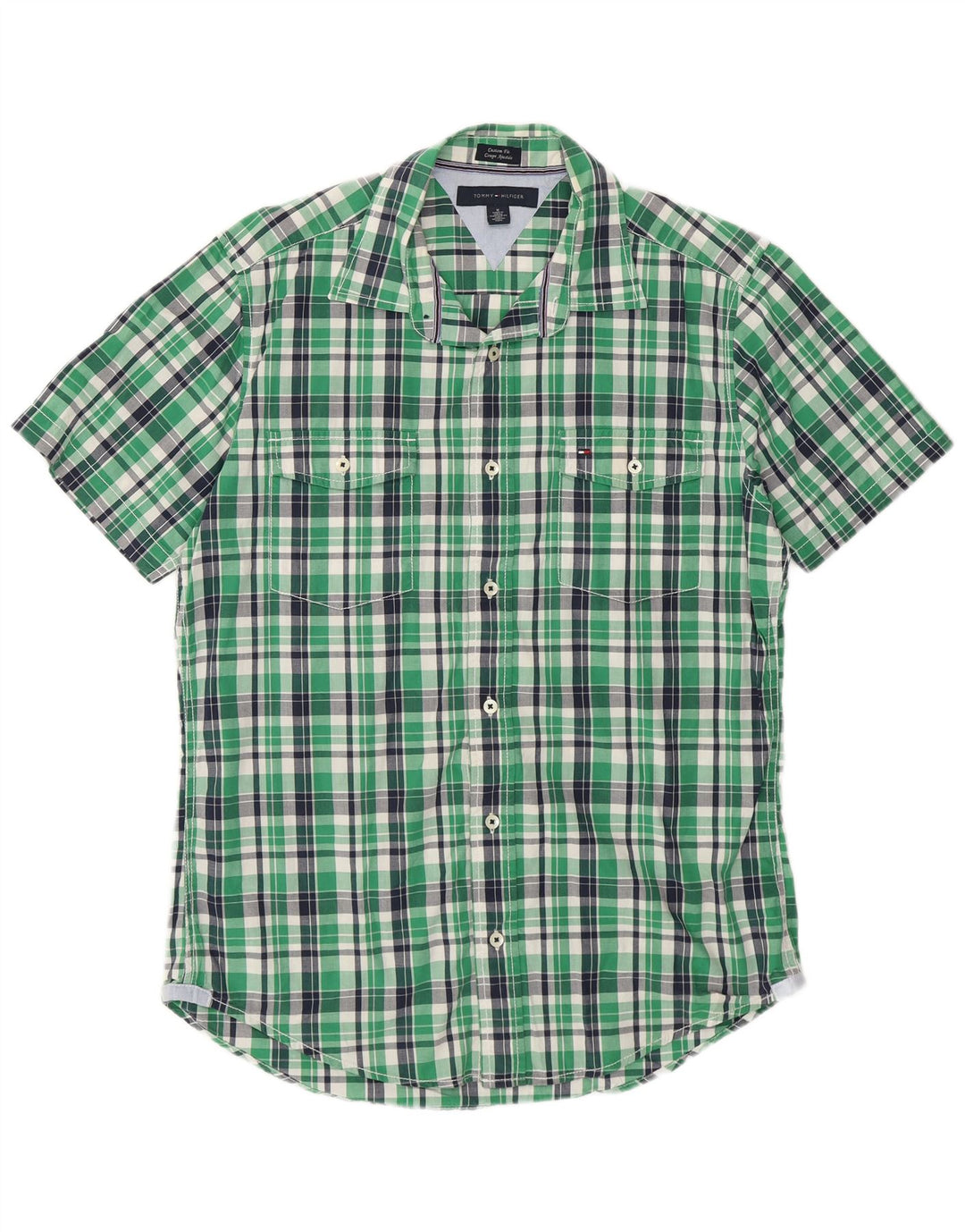 Tommy Hilfiger Camisa masculina de manga curta personalizada de algodão xadrez verde médio