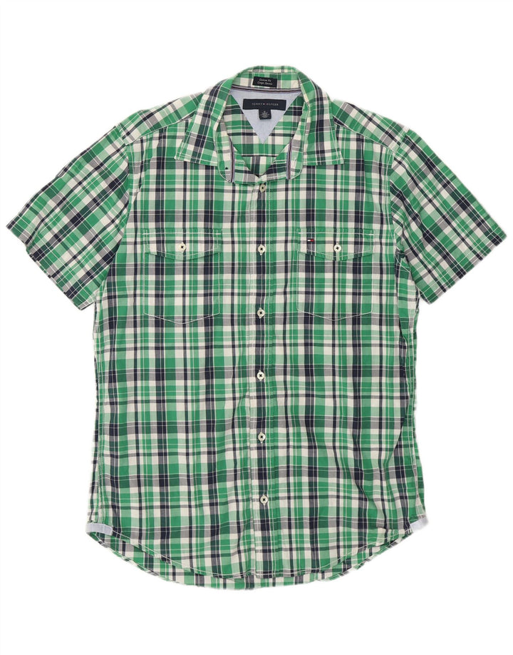 Tommy Hilfiger Camisa masculina de manga curta personalizada de algodão xadrez verde médio