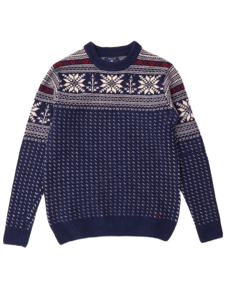 GANT Suéter masculino com gola redonda pequeno azul marinho Fair Isle Wool