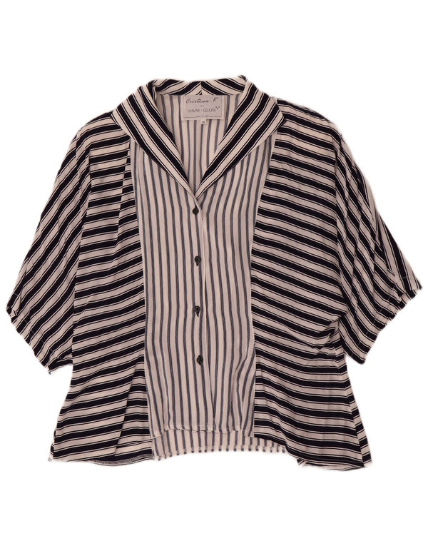 Blusa feminina vintage de manga curta UK 14 listrada azul marinho médio