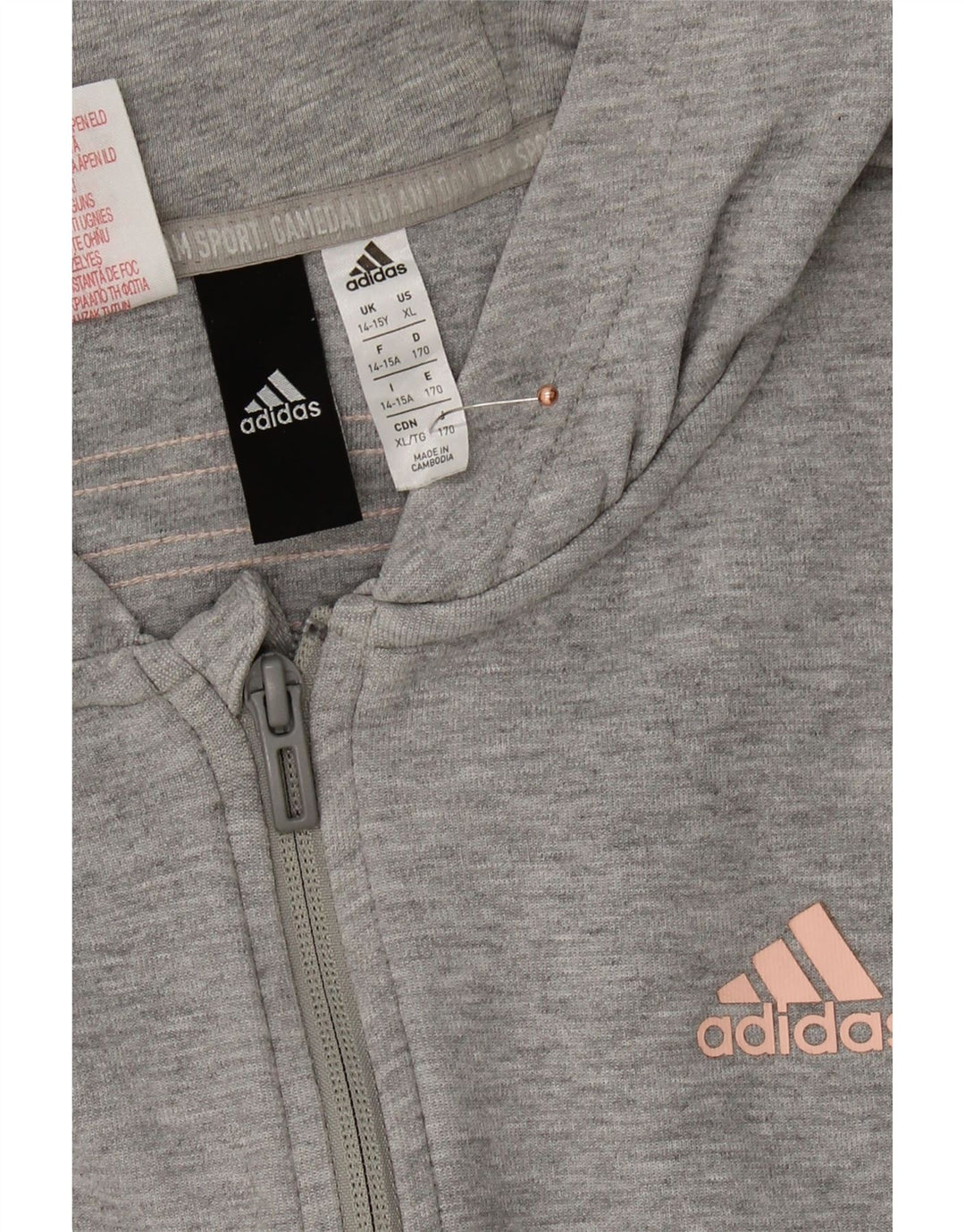 ADIDAS Girls Zip Hoodie Sweater 14-15 Years Grey Cotton Vintage Adidas and Second-Hand Adidas from Messina Hembry 