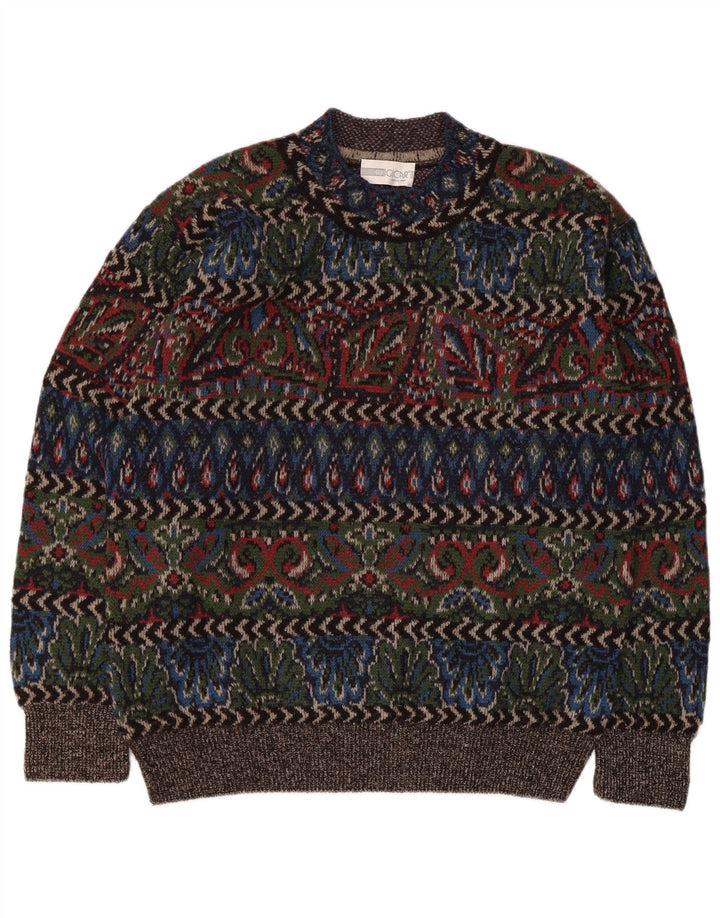 Suéter vintage masculino com gola de tartaruga, grande lã geométrica multicolorida
