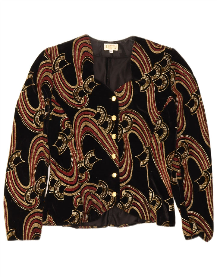 Cardigan feminino vintage de veludo com padrão abstrato UK 12 preto médio