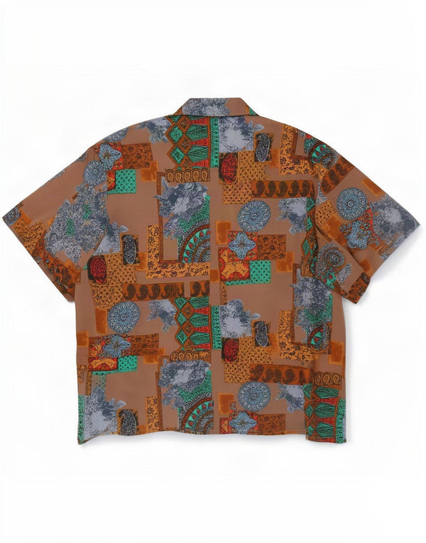 Blusa feminina vintage de manga curta UK 20 2XL marrom patchwork seda