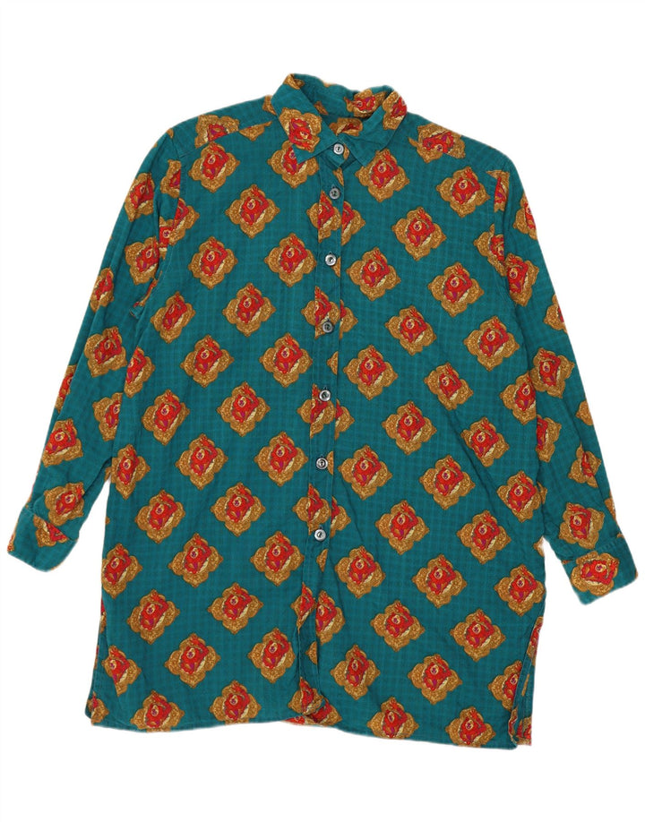 Camisa feminina vintage com padrão abstrato Reino Unido 16 grande azul geométrica