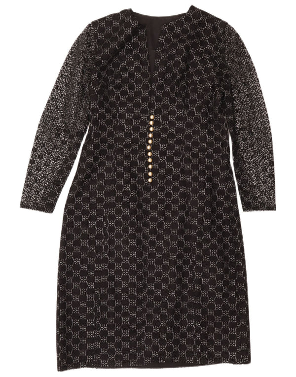 Vestido feminino vintage manga comprida bainha UK 12 médio preto geométrico