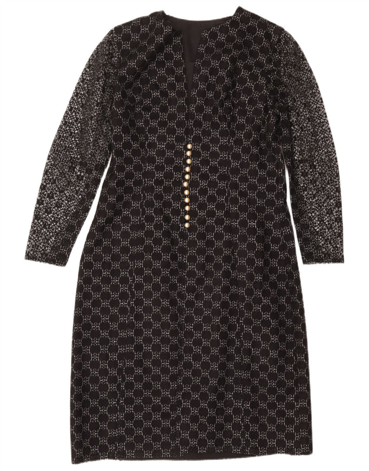 Vestido feminino vintage manga comprida bainha UK 12 médio preto geométrico