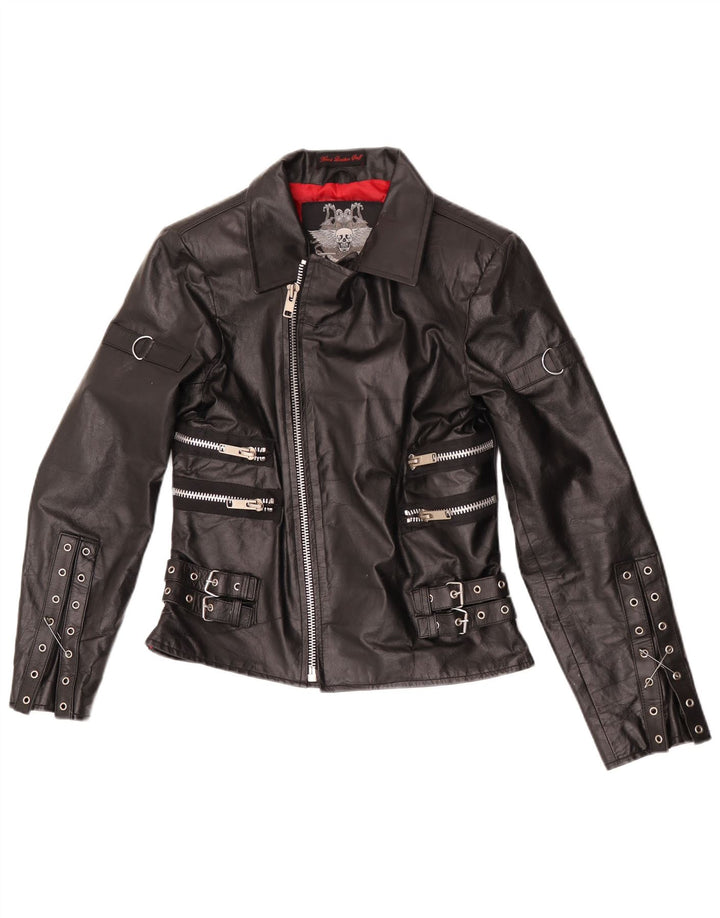 Couro preto grande do revestimento de couro Reino Unido 14 do motociclista das mulheres duras do material
