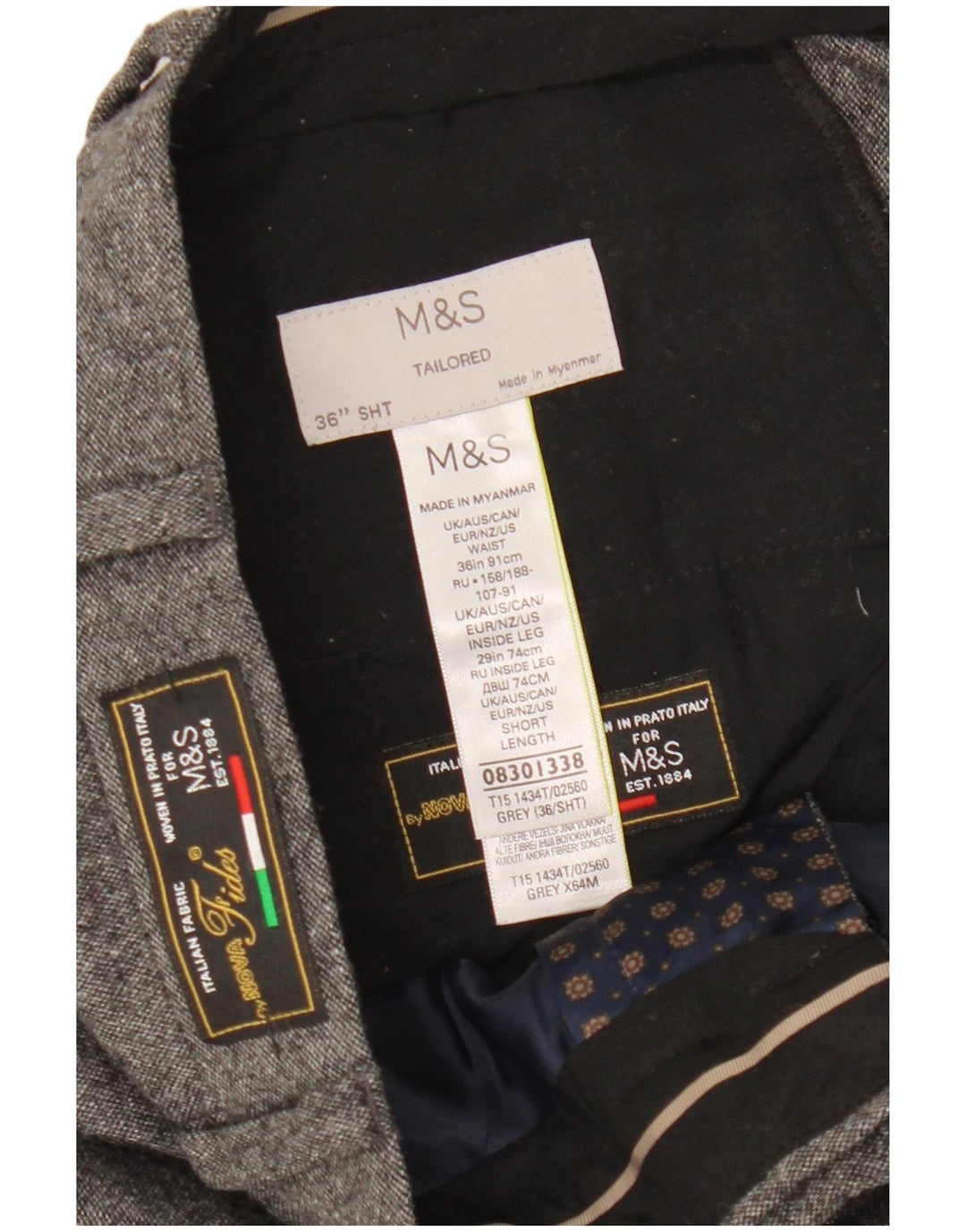 Calça masculina de terno reto sob medida Marks & Spencer W36 L29 cinza salpicado