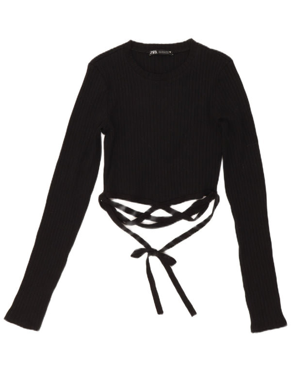 Zara Womens Crop Top Manga Longa Reino Unido 8 Pequeno Algodão Preto