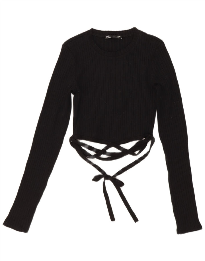 Zara Womens Crop Top Manga Longa Reino Unido 8 Pequeno Algodão Preto