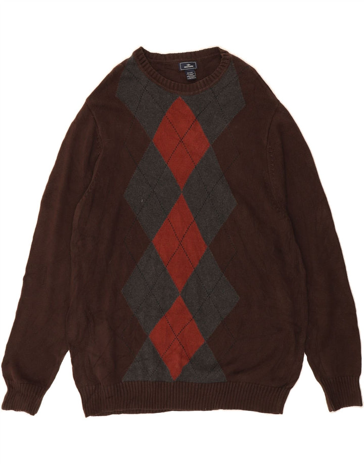 DOCKERS Mens Crew Neck Jumper Sweater XL Brown Argyle/Diamond Cotton Vintage Dockers and Second-Hand Dockers from Messina Hembry 
