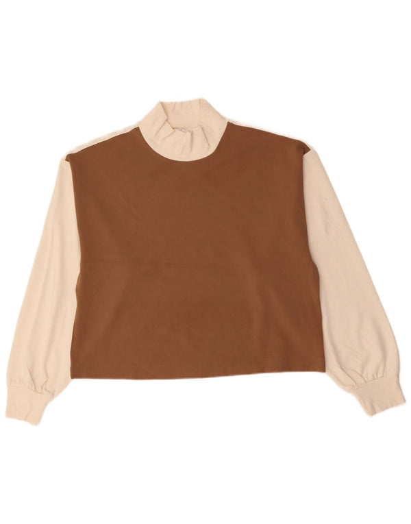 Top cropped feminino Athleta manga comprida UK 14 marrom médio colorblock nylon