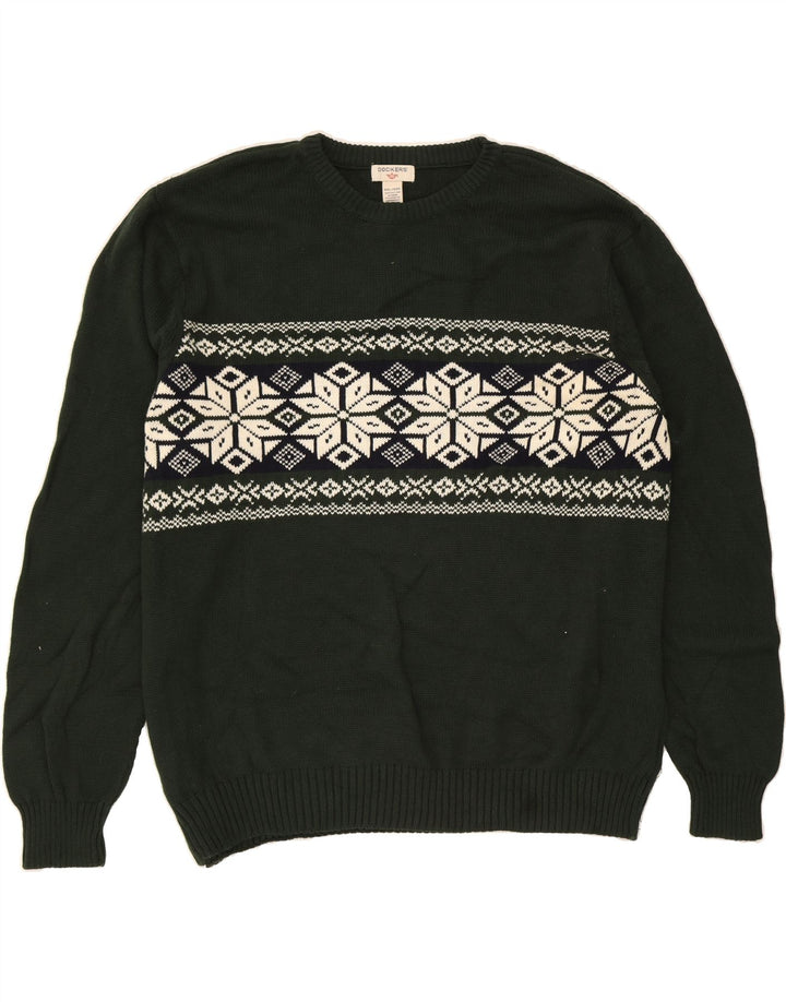 DOCKERS Mens Crew Neck Jumper Sweater 2XL Green Fair Isle Cotton Vintage Dockers and Second-Hand Dockers from Messina Hembry 