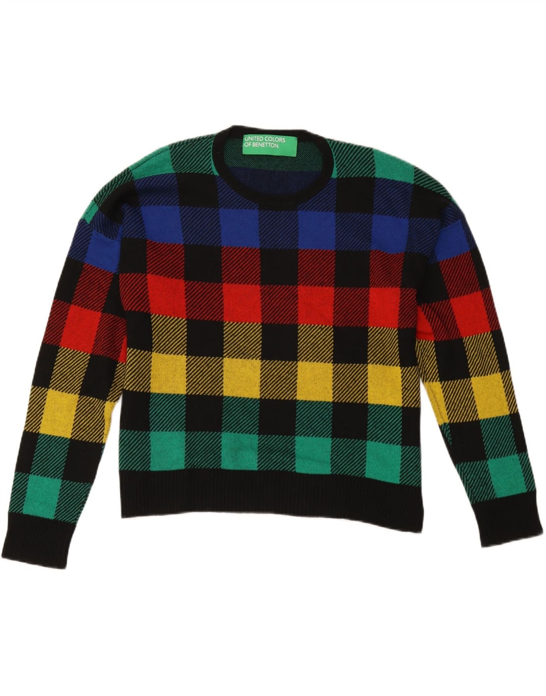 Suéter feminino Benetton com gola redonda UK 16 xadrez grande multicolorido