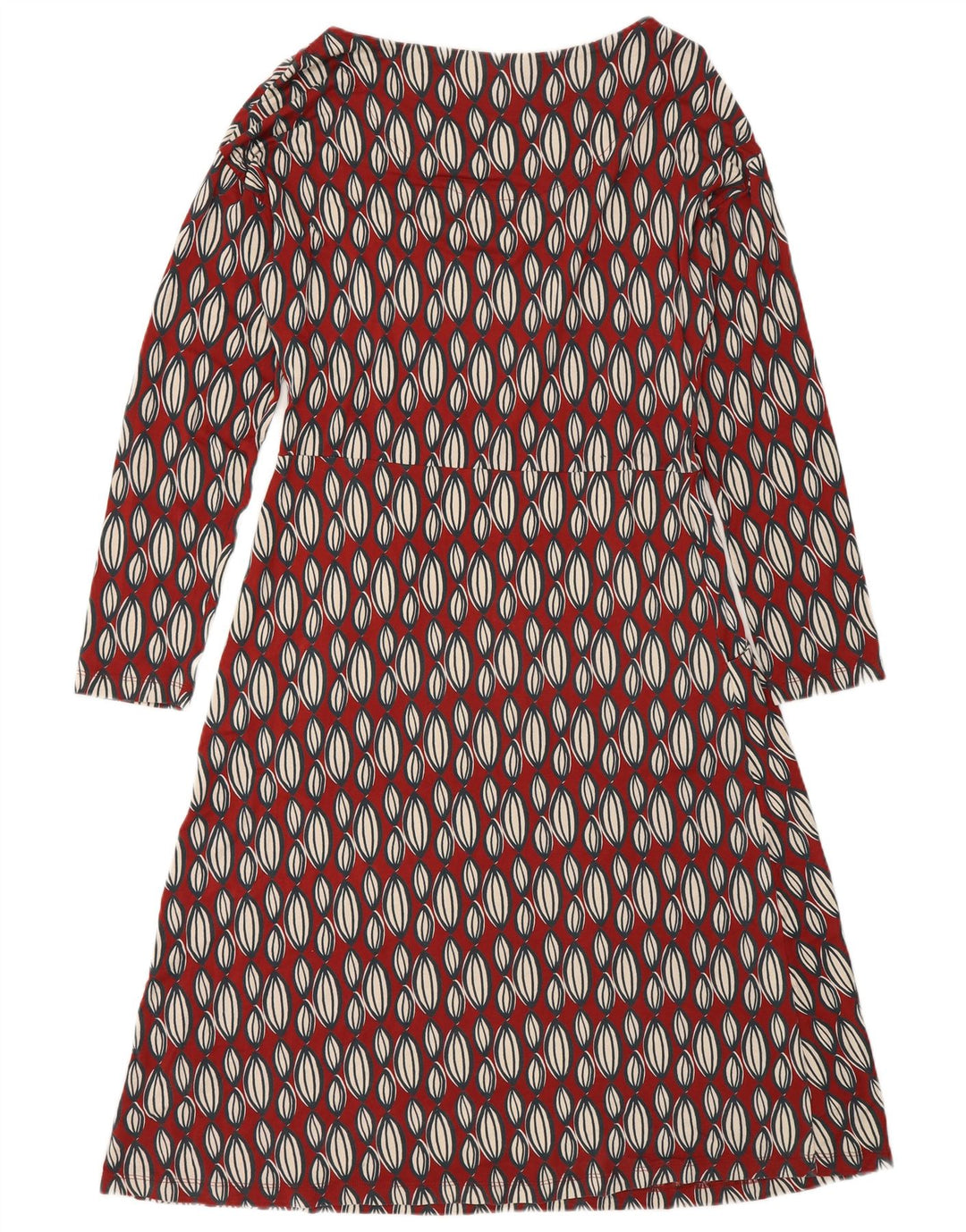 Vestido feminino branco de manga comprida evasê UK 12 médio vermelho geométrico