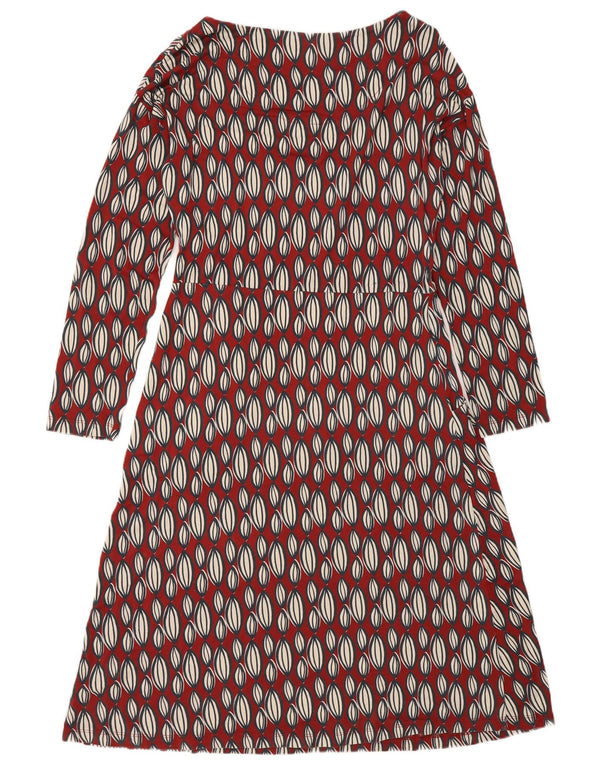 Vestido feminino branco de manga comprida evasê UK 12 médio vermelho geométrico