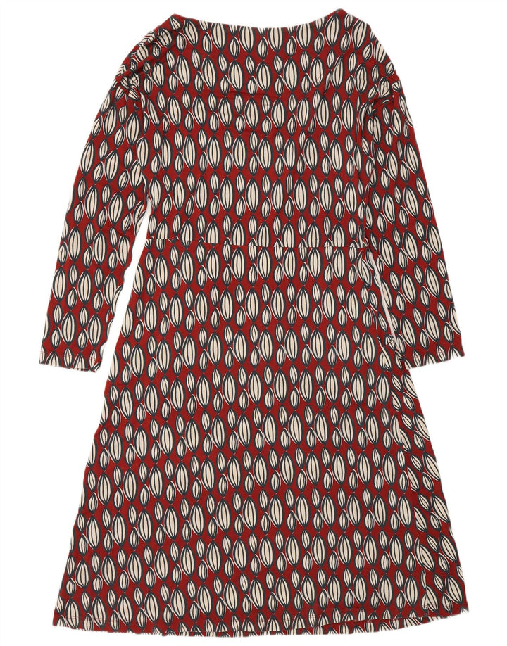 Vestido feminino branco de manga comprida evasê UK 12 médio vermelho geométrico