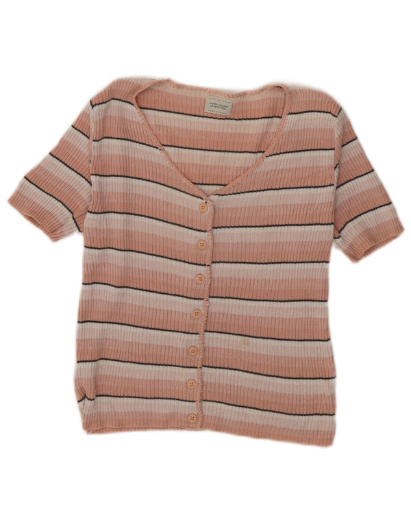 Cardigã feminino de manga curta Benetton UK 8 listrado rosa pequeno
