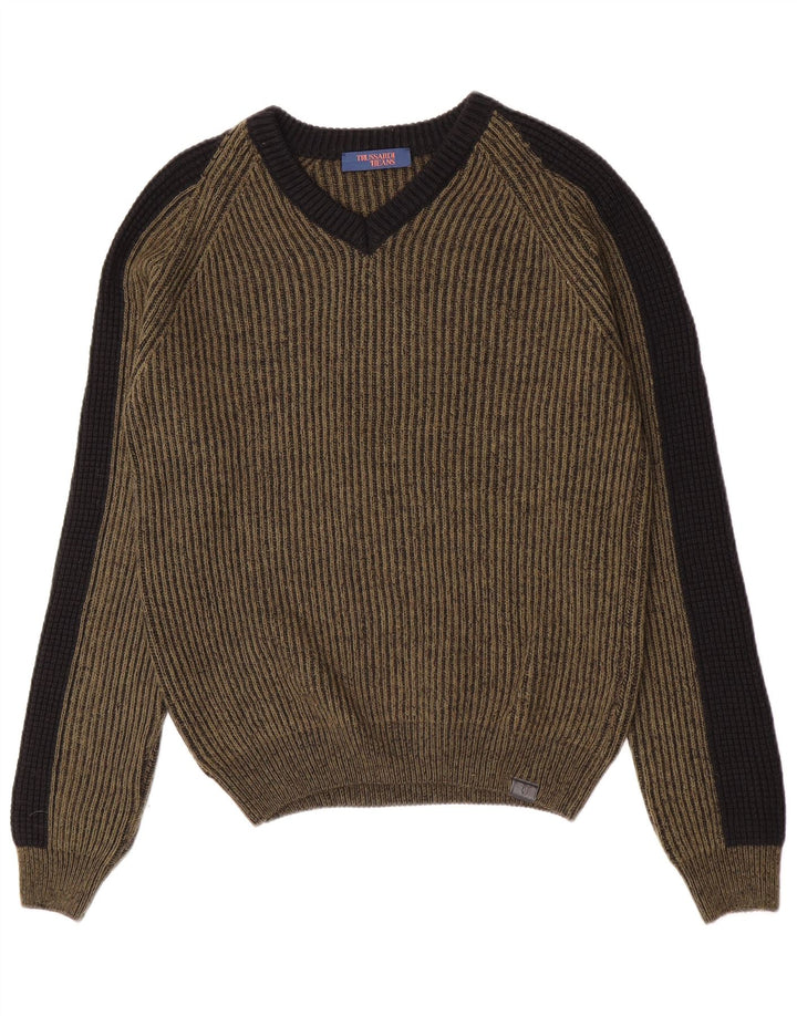 Suéter masculino Trussardi Jeans com decote em V, bloco colorido cáqui médio