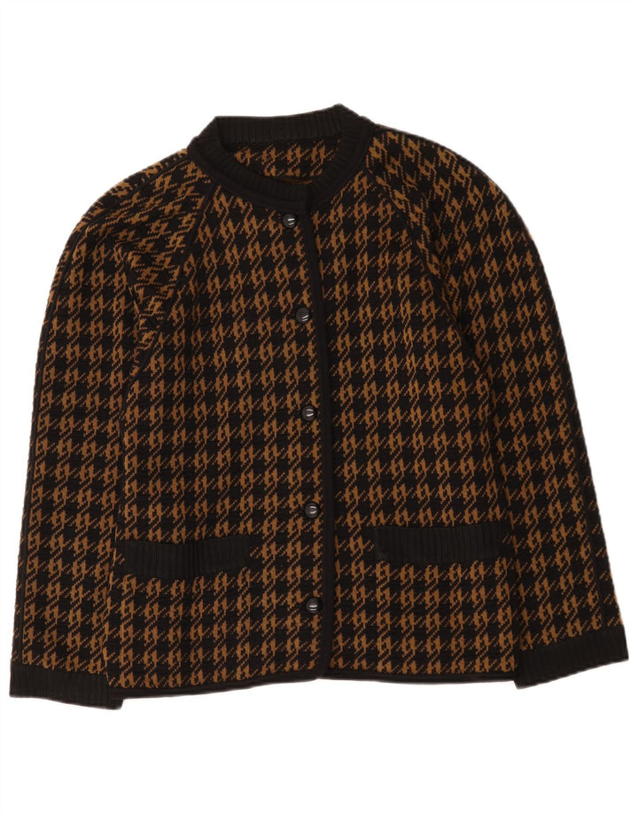 Suéter cardigã feminino vintage IT 46 grande lã marrom houndstooth