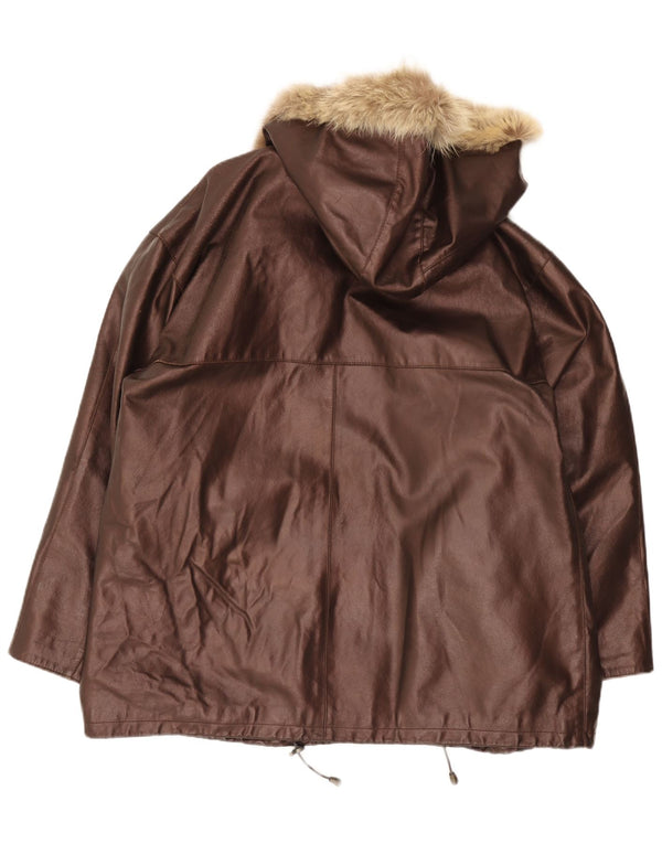 Jaqueta de couro superdimensionada com capuz feminino vintage IT 48 XL marrom