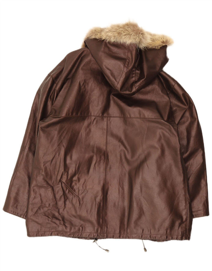 Jaqueta de couro superdimensionada com capuz feminino vintage IT 48 XL marrom