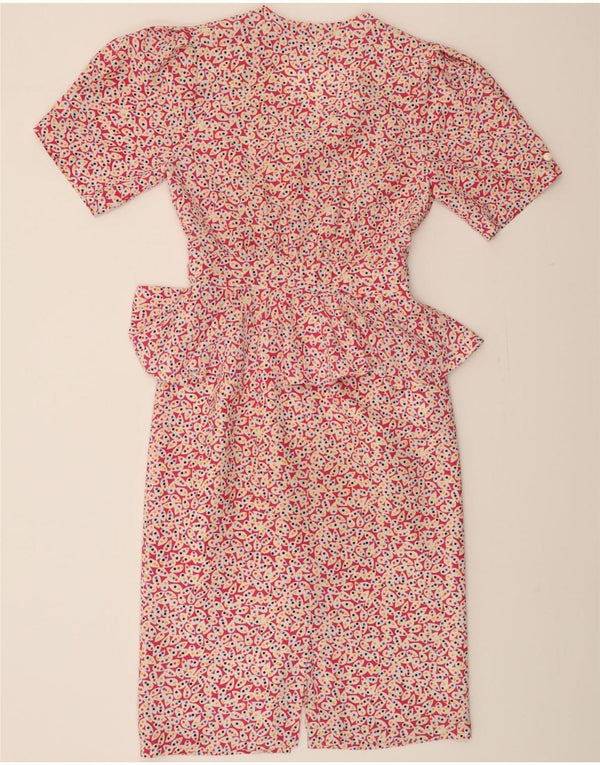 Vestido feminino VINTAGE com padrão abstrato Peplum UK 12 rosa médio