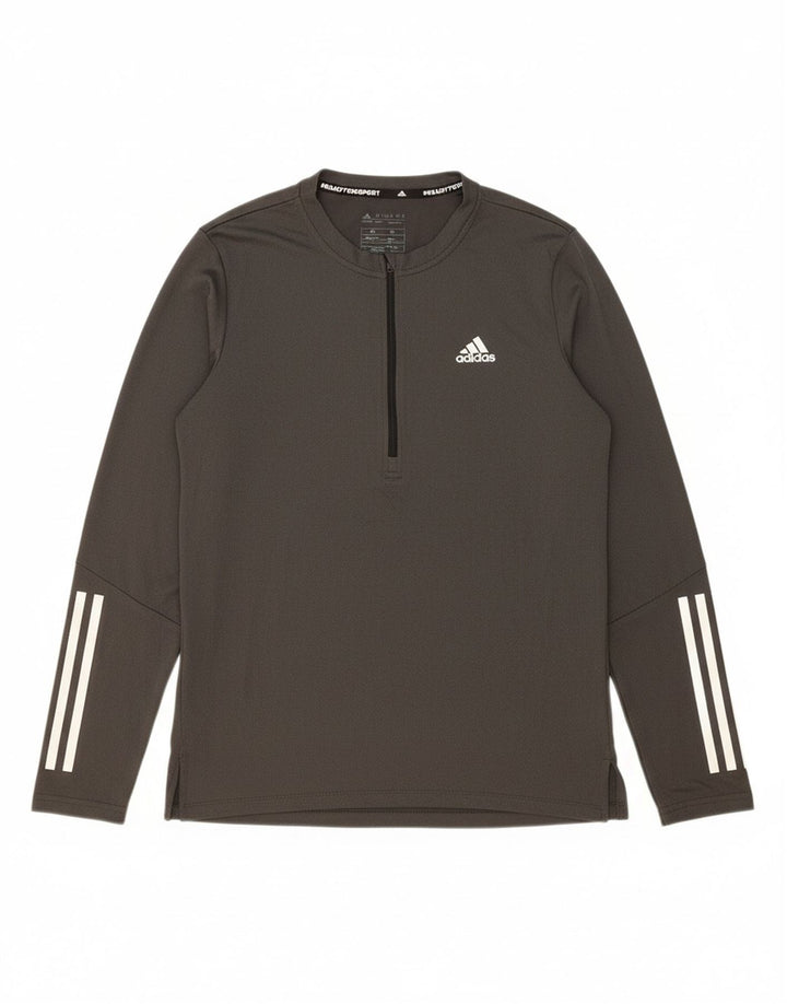ADIDAS Mens Zip Neck Top Manga Longa Pequeno Algodão Cinza