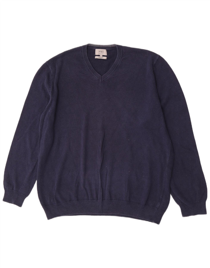 Suéter masculino Marks & Spencer com decote em V 2XL algodão azul marinho