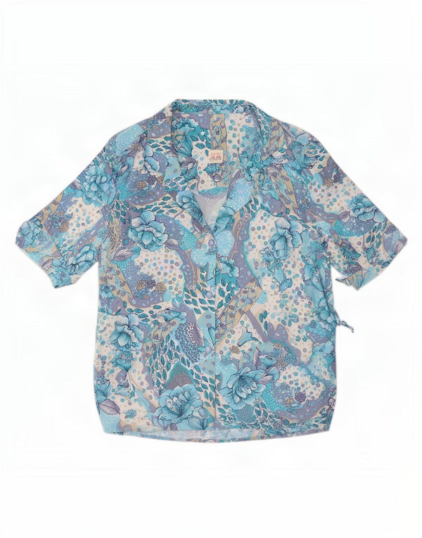 Blusa feminina vintage de manga curta Reino Unido 16 grande poliéster floral azul