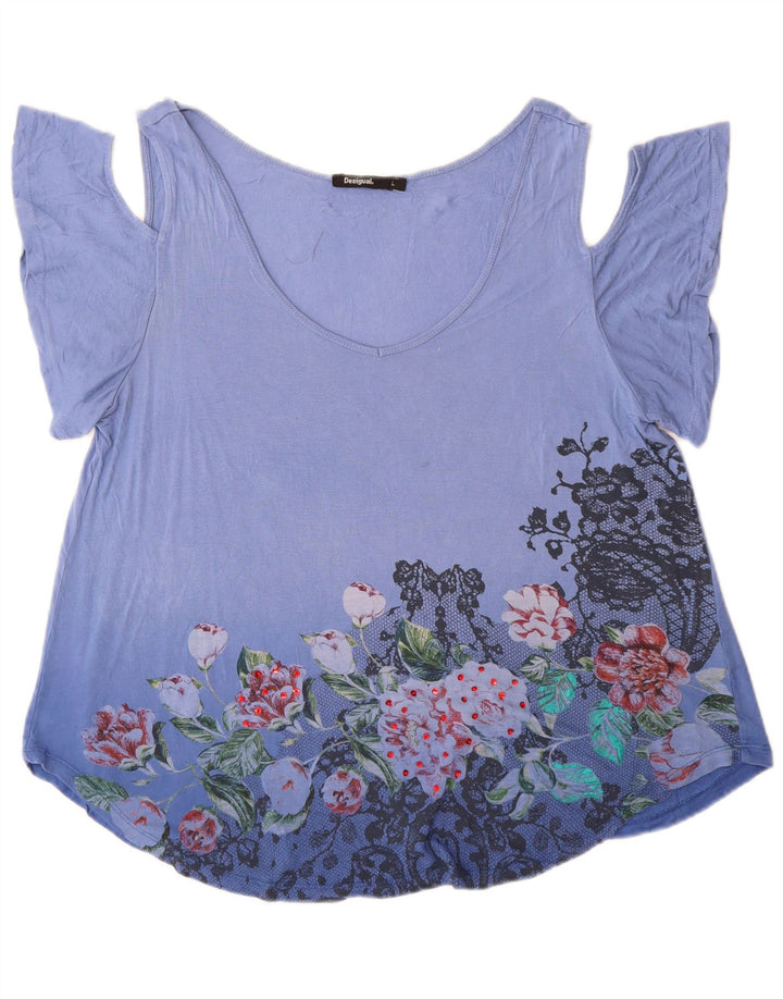 Top feminino Desigual com ombro de fora gráfico UK 16 grande azul floral