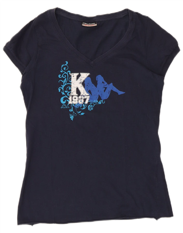 Camiseta feminina KAPPA com estampa gráfica UK 12 algodão azul marinho médio