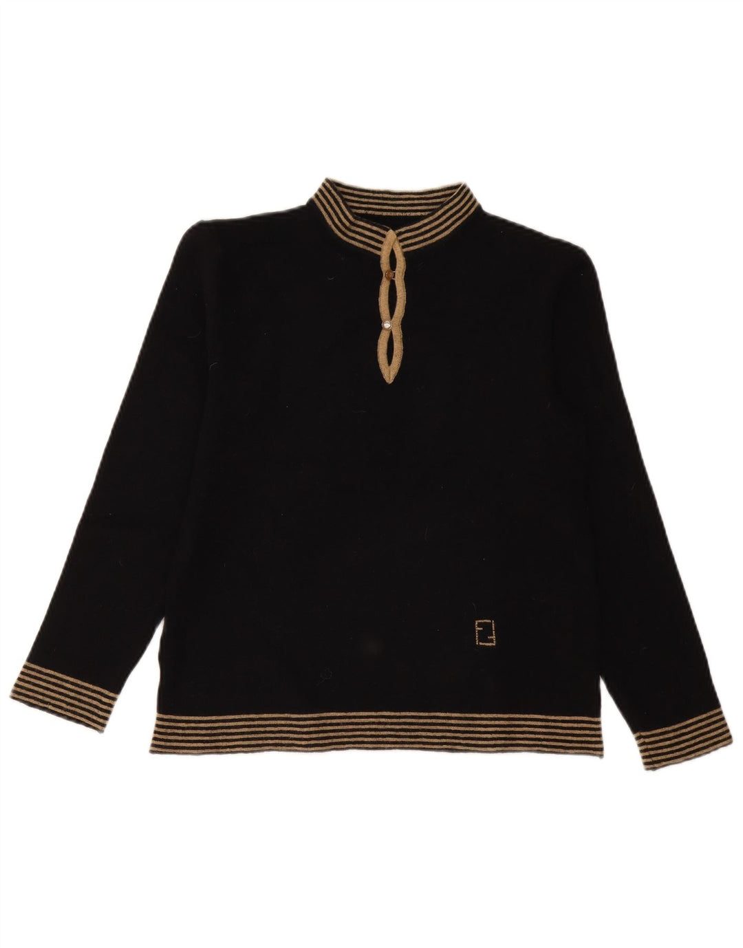 Suéter feminino vintage com gola tartaruga Reino Unido 12 listrado preto médio