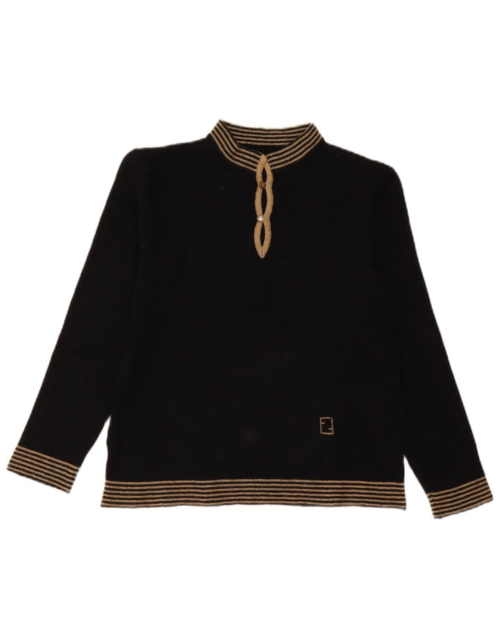 Suéter feminino vintage com gola tartaruga Reino Unido 12 listrado preto médio