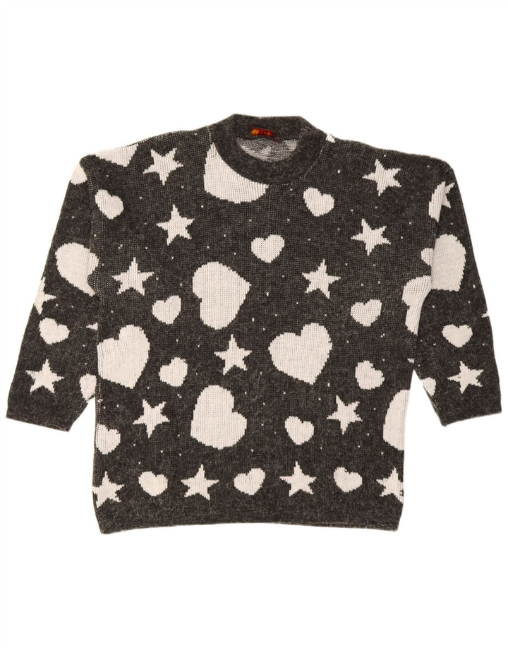 Suéter feminino vintage com estampa abstrata, gola redonda, Reino Unido 14, grande, preto