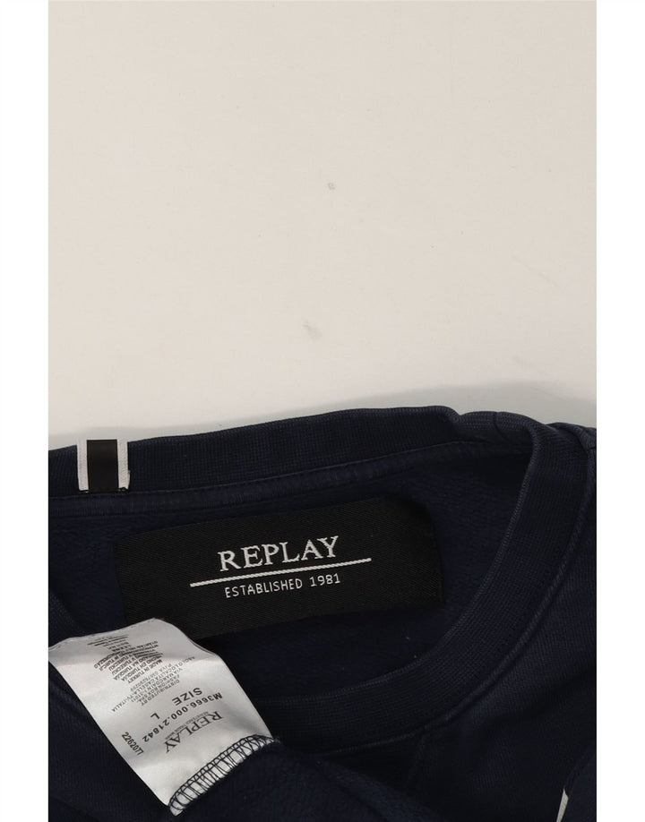 Replay moletom gráfico masculino jumper grande algodão azul marinho