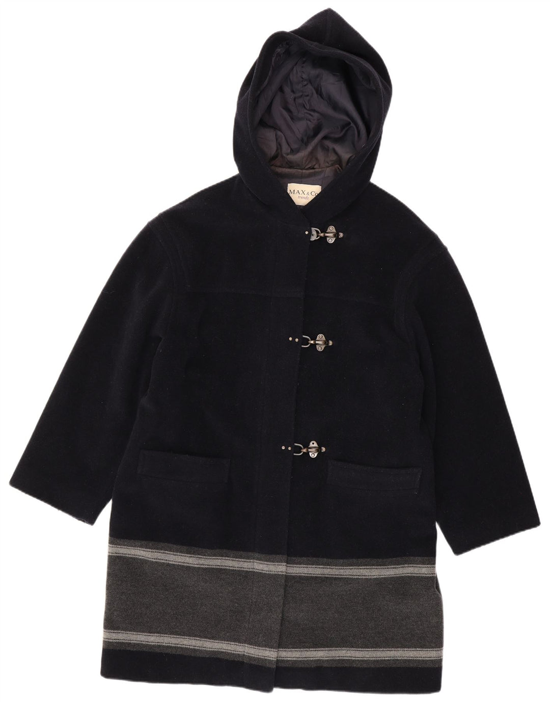 Casaco Duffle feminino com capuz Max & Co. Reino Unido 14 grande bloco colorido azul marinho