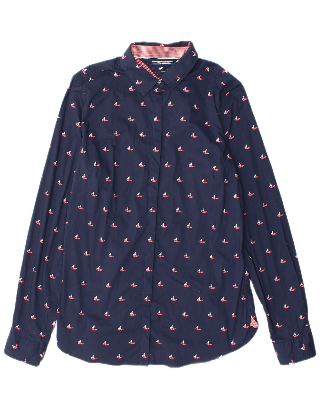 Camisa justa feminina Tommy Hilfiger EUA 8 médio algodão geométrico azul marinho