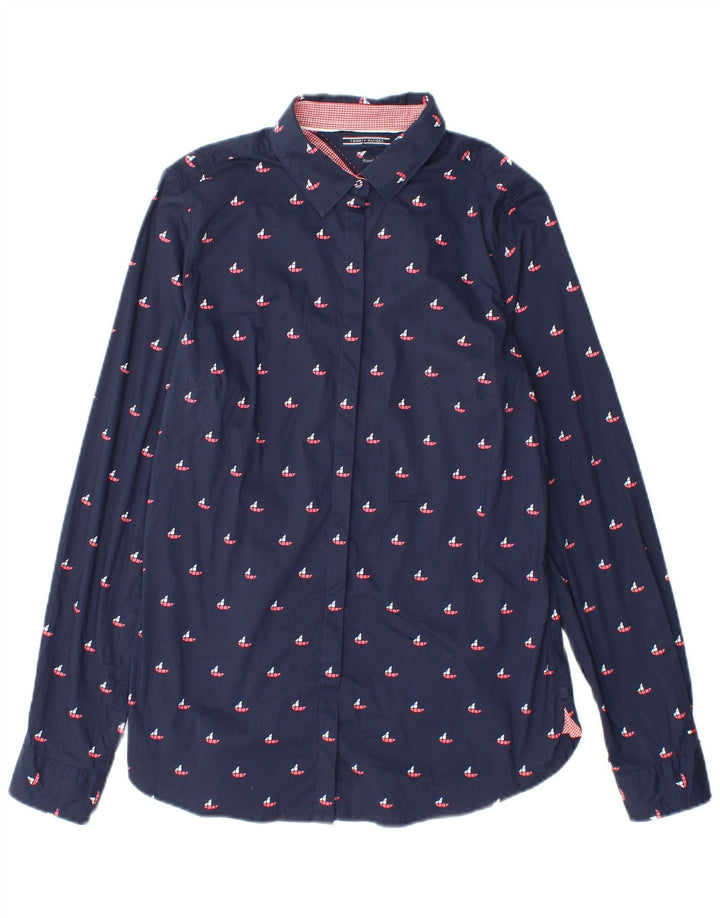 Camisa justa feminina Tommy Hilfiger EUA 8 médio algodão geométrico azul marinho