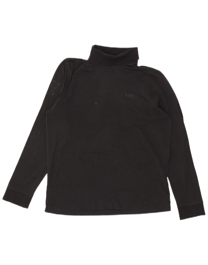 HUGO BOSS Camiseta masculina com gola redonda e manga comprida de algodão preto médio