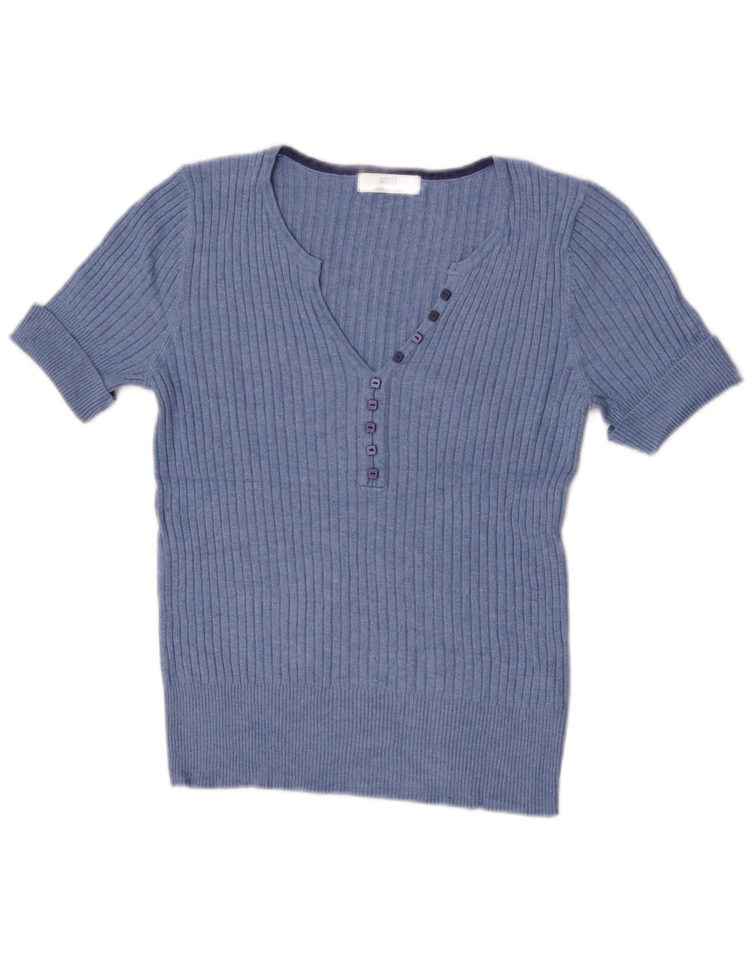 Suéter feminino Marks & Spencer manga curta com decote em V Reino Unido 12 azul médio