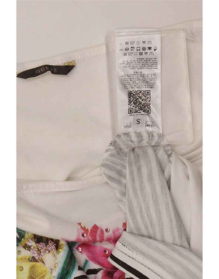 Camiseta feminina GUESS com ombro de fora, Reino Unido, 10 algodão floral branco pequeno