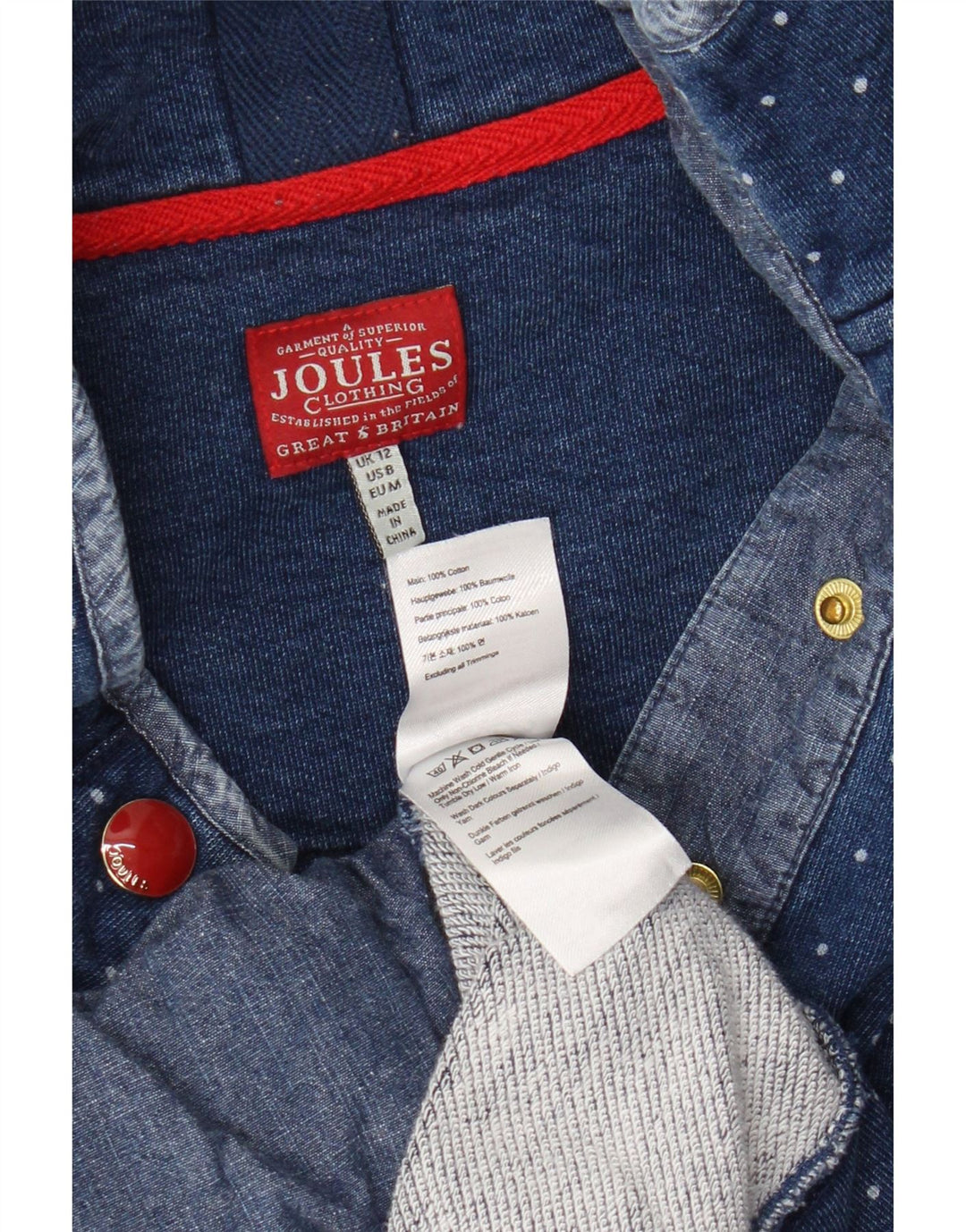 Suéter feminino Joules com gola redonda e botão UK 12 bolinhas azuis médias
