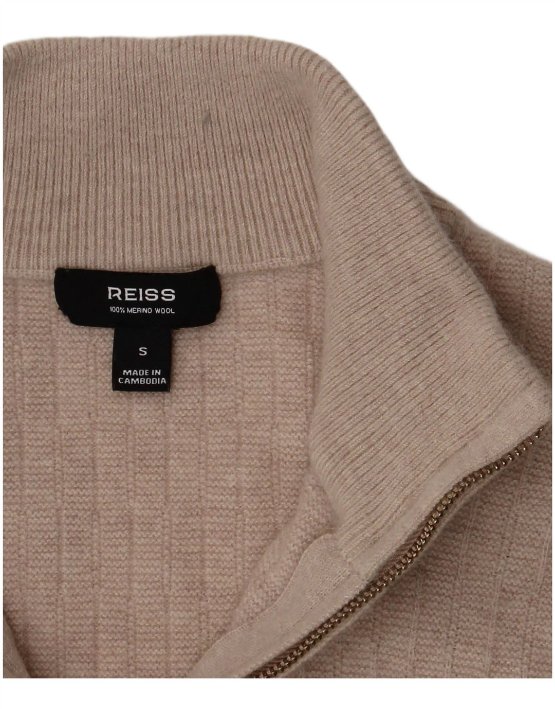 Suéter masculino Reiss com zíper e gola pequena, lã merino bege
